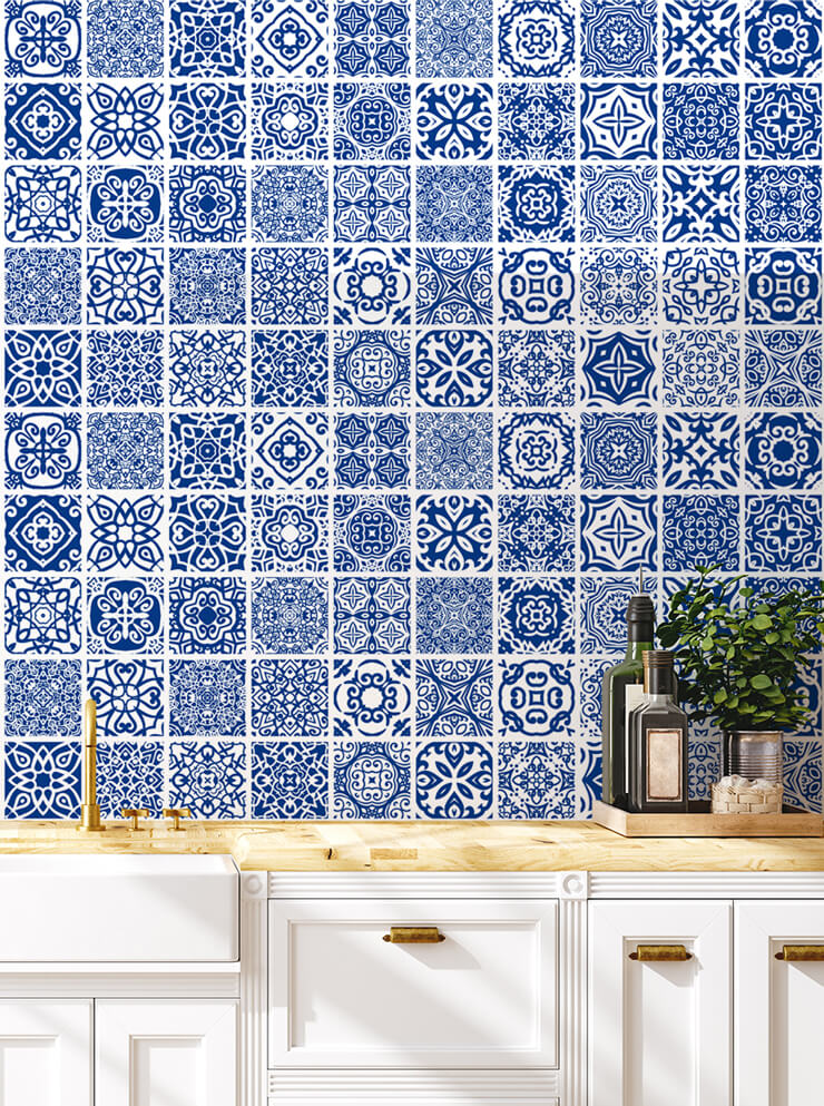 blue and white tile wallpaper in white kitchen