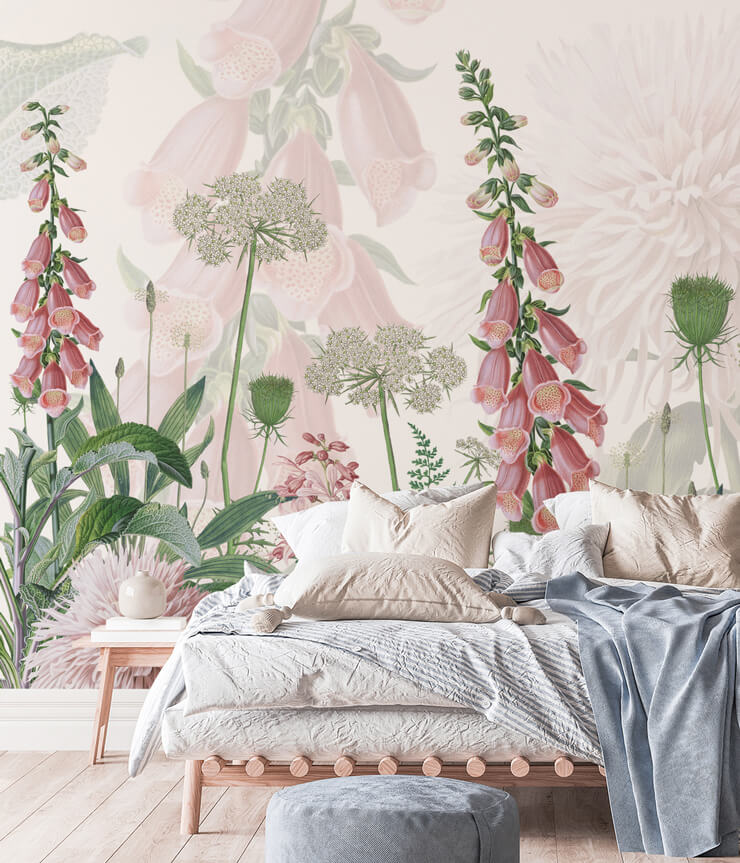 pink foxgloves wallpaper in bedroom