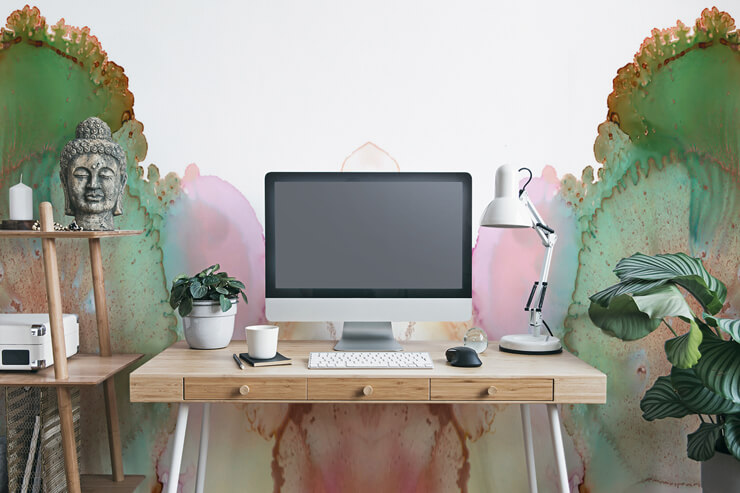 watercolour green and pink wallpaper in office