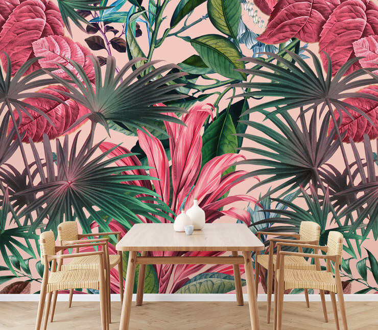 pink and green leaf wallpaper in dining room