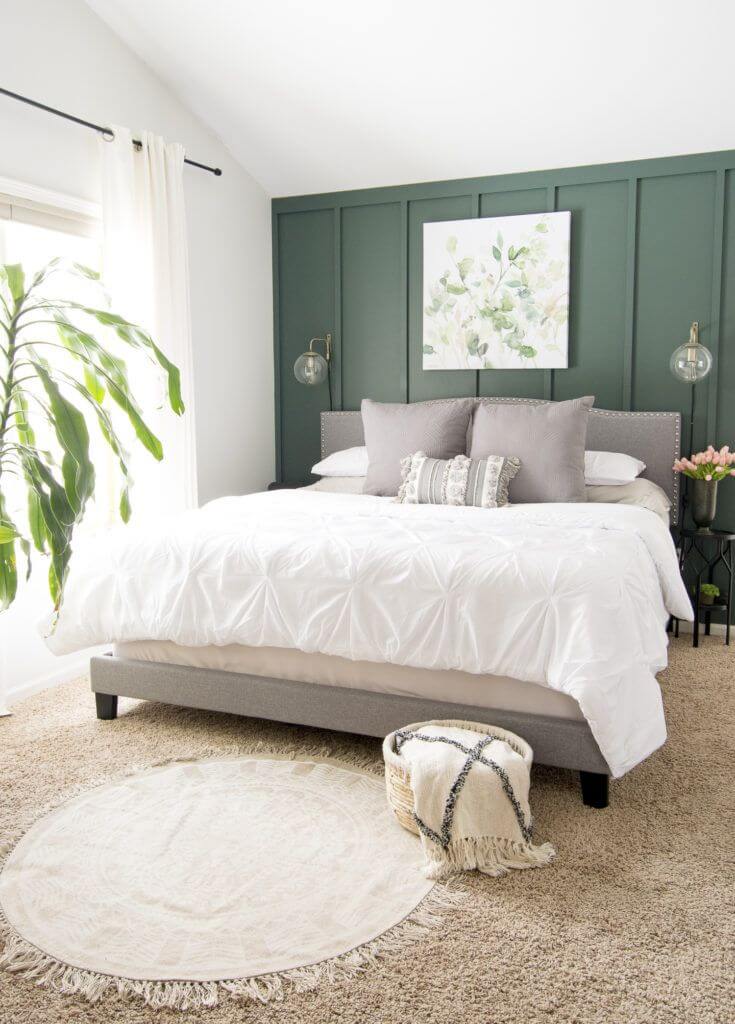 bedroom in white and sage green