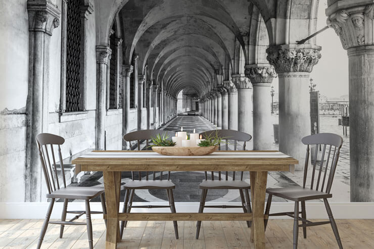 Black and white mural of st marks square in a dining room