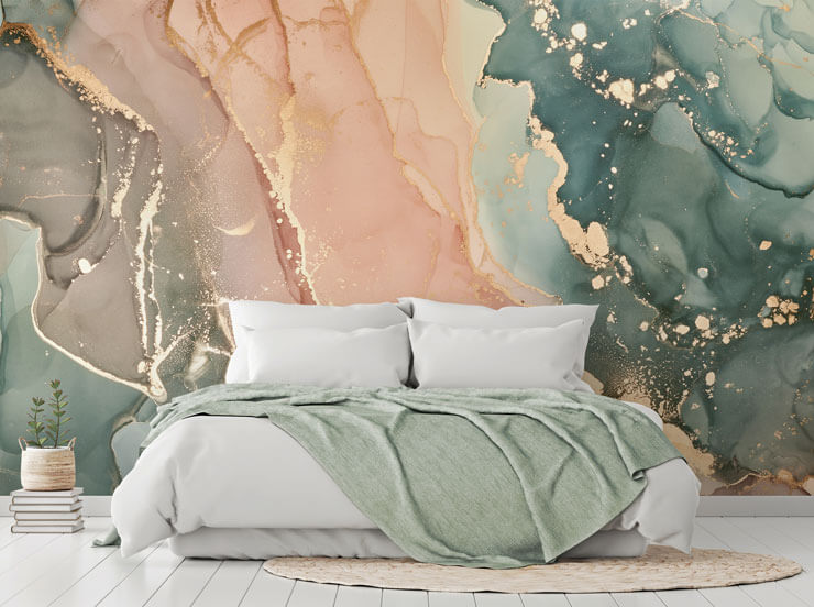 Green and pink marble effect wall mural in a neutral bedroom