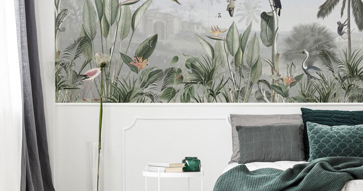 Green and white botanical themed bedroom mural