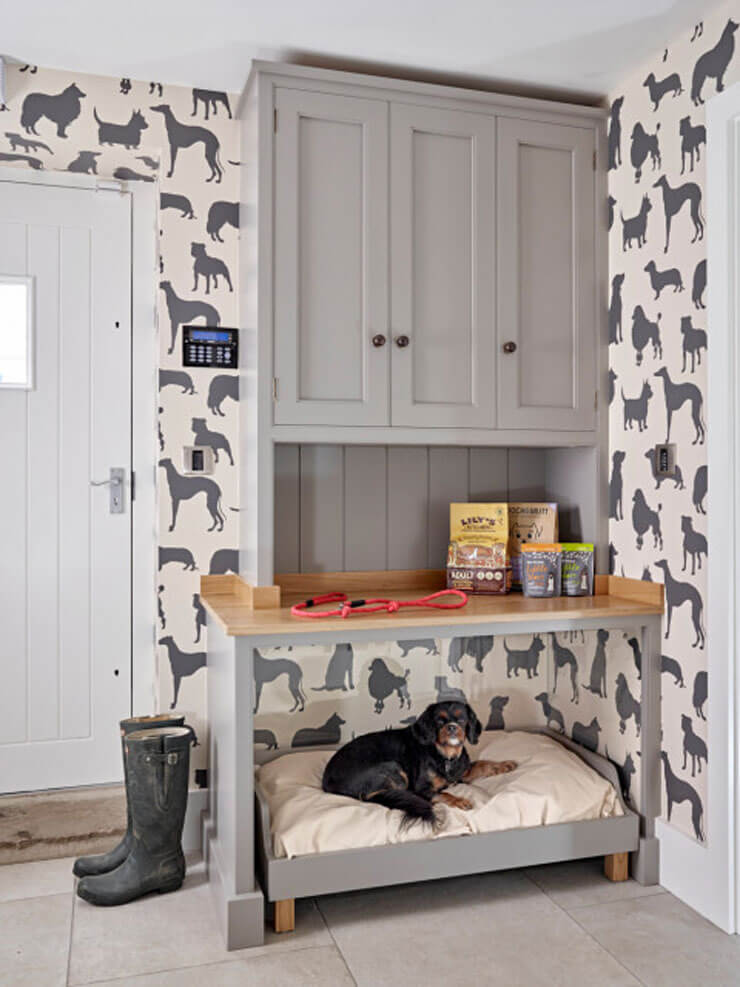 Dog bed area with pet cabinet in boot room