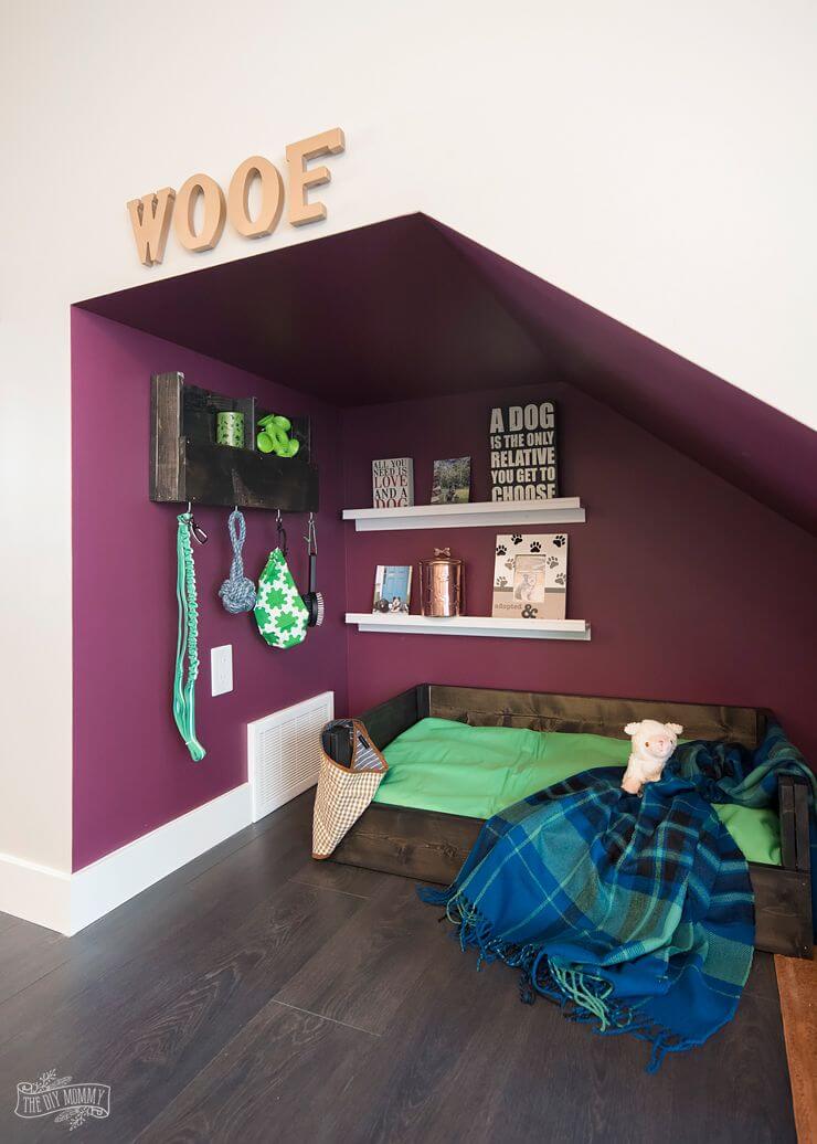 Under Stairs Dog Nook with Handmade Dog Bed & Organizer