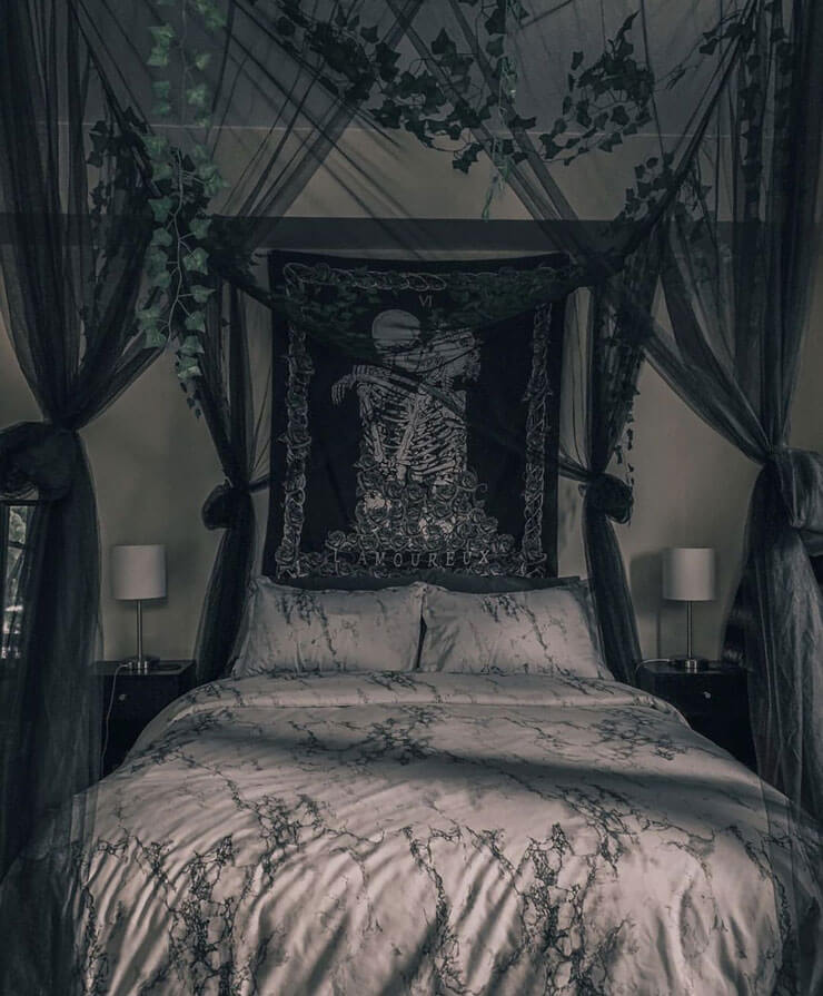 Black gothic bed room with black voile curtains