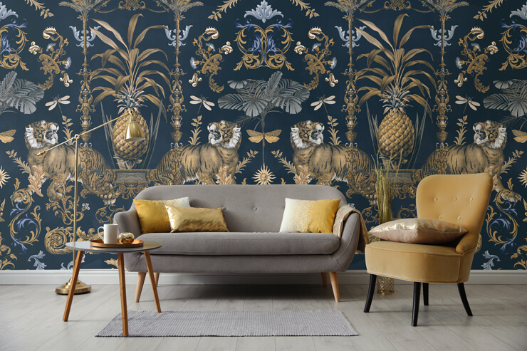 Blue and gold oriental style wall mural with gold and grey furniture