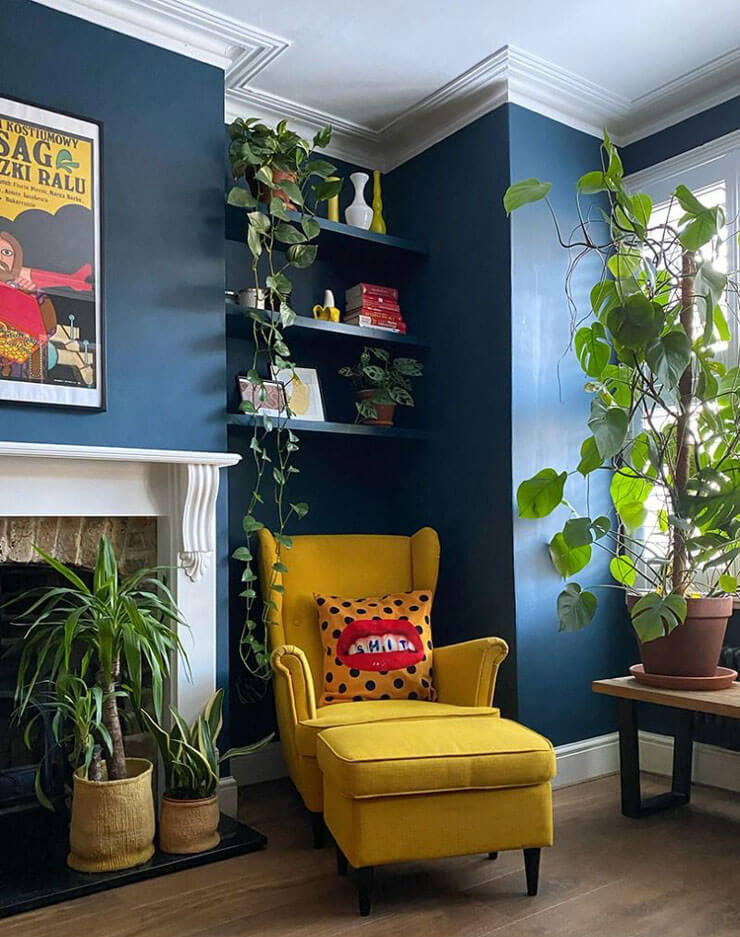 Yellow and blue living room filled with potted plants