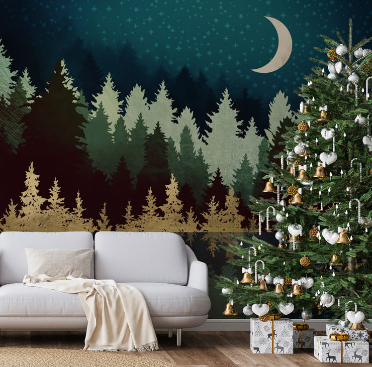christmas wall mural in a living room with a white sofa and a christmas tree