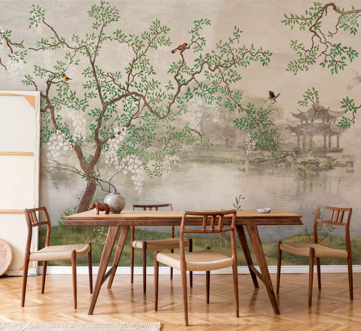 Neutral dining room with dark wood and rattan furniture with an oriental wallpaper