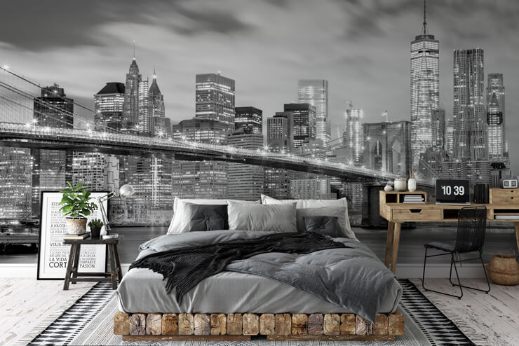 Grey monochrome bedroom with wooden furniture and a Brooklyn bridge monochrome wall mural