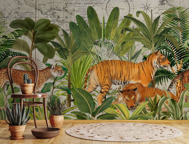 Room with dark wooden furniture and a vibrant green and orange jungle wallpaper mural