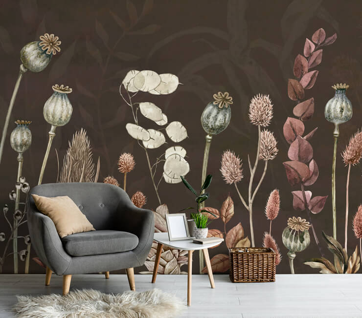 Brown autumn flower wallpaper in a living room with a grey chair and white floor