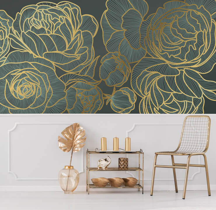Green and gold floral wallpaper with white panels and gold accessories