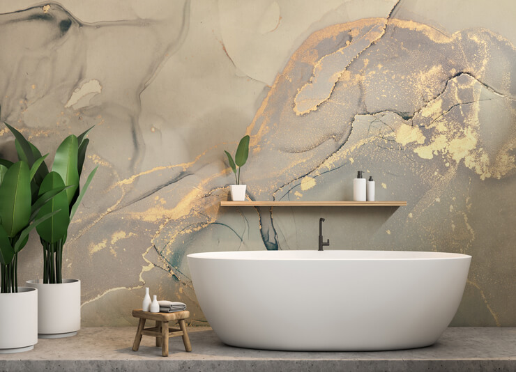 Big bathroom trends for 2023 include marble wallpaper in bathrooms 