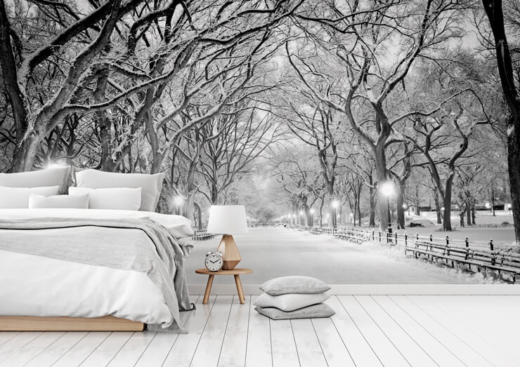 Christmas Wallpapers with a realistic snow-covered street and snowy trees in central park