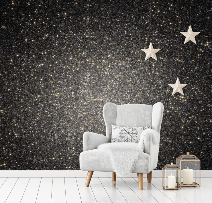 glamorous christmas living room with stary sky wallpaper
