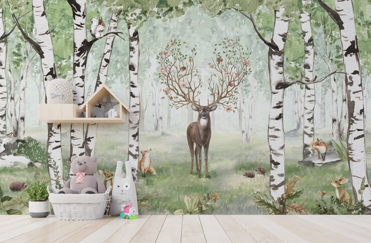 Kids bedroom with a woodland wallpaper and white wooden flooring