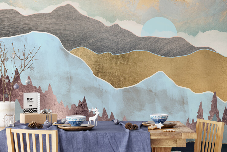 Pine dining table in front of an abstract pastel mountain wall mural