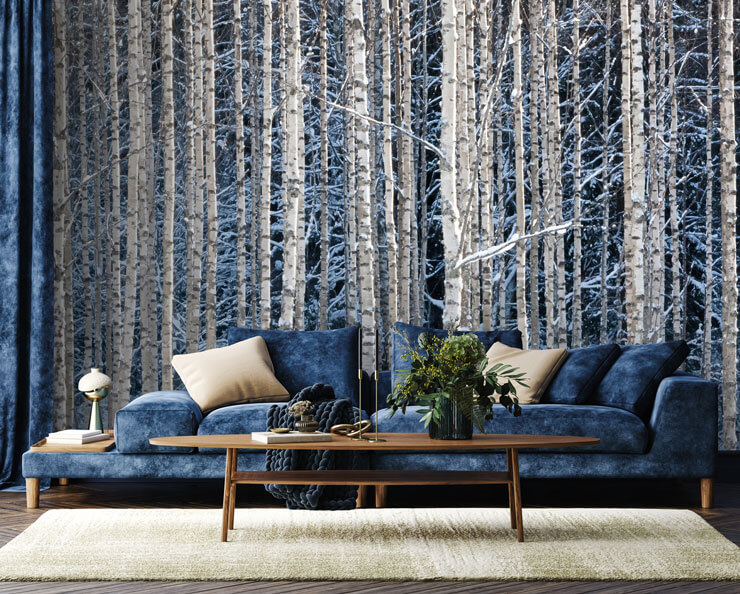 Woodland wallpaper with silver birch trees in the snow in a living room with a dark blue sofa