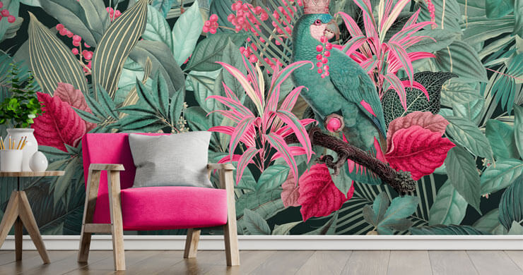 Pantone colour of the year 2023 inspired wallpaper with green jungle leaves and viva magenta complemeting flowers wallpaper with a pink chair