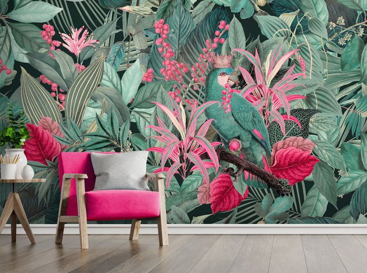 Viva magenta complementing wallpaper with green jungle leaves and a parrot with pink flowers wallpaper
