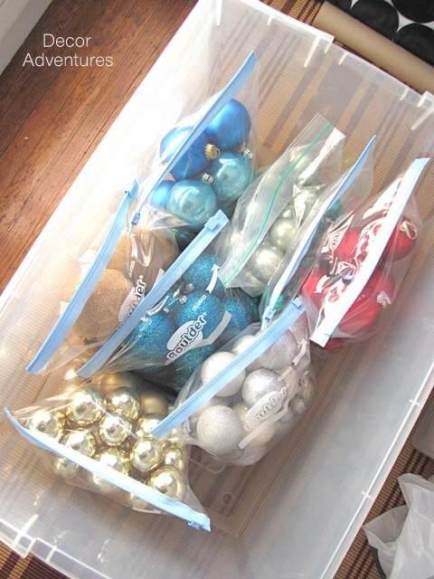 Christmas storage hacks with sandwich bags holding Christmas baubles