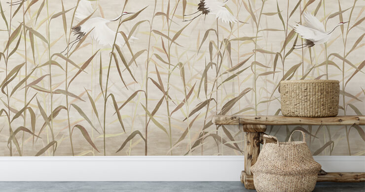 neutral beige japandi style wallpaper in a neutral room with wicker accessories