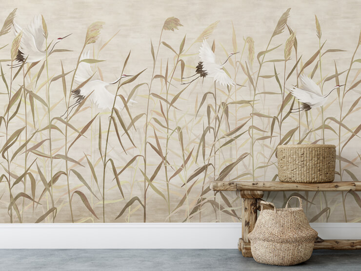 neutral beige japandi style wallpaper in a neutral room with wicker accessories