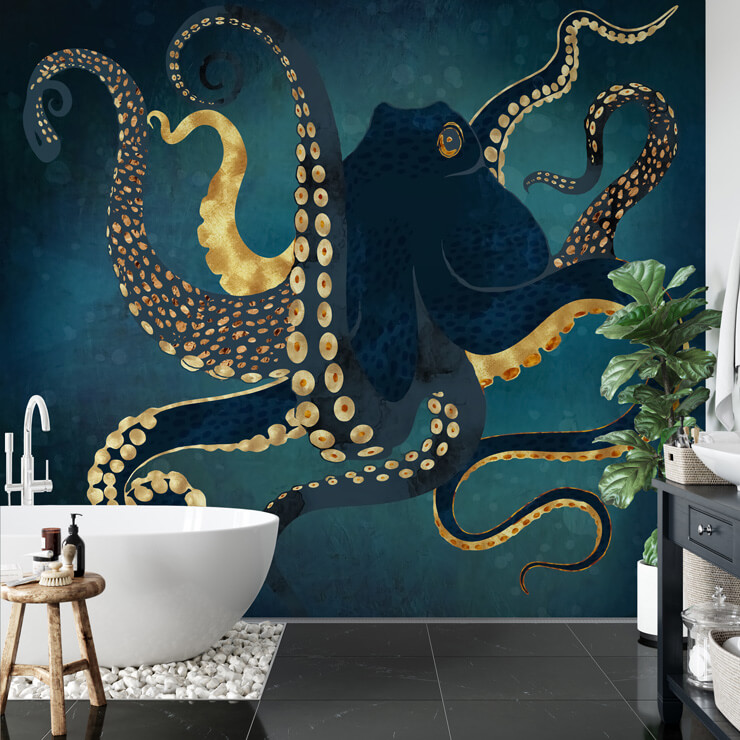 Dark blue octopus ocean wallpaper in an abstract style with gold highlights in a modern bathroom