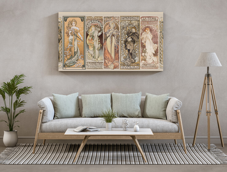 Art Nouveau metal wall prints in a living room with white walls and a light blue sofa