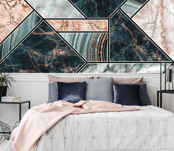 rose gold and navy art deco wallpaper in bedroom