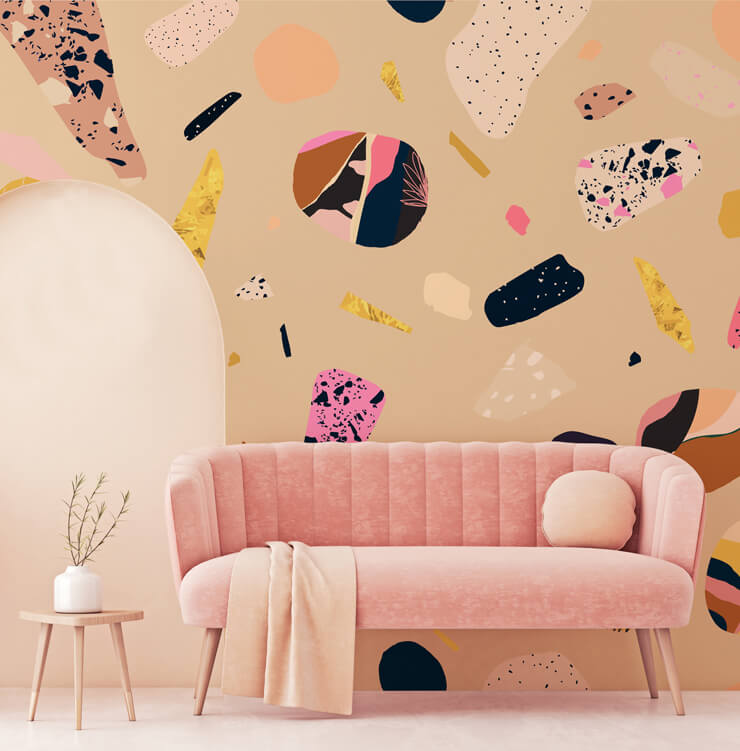 Terrazzo wallpaper in pink living room