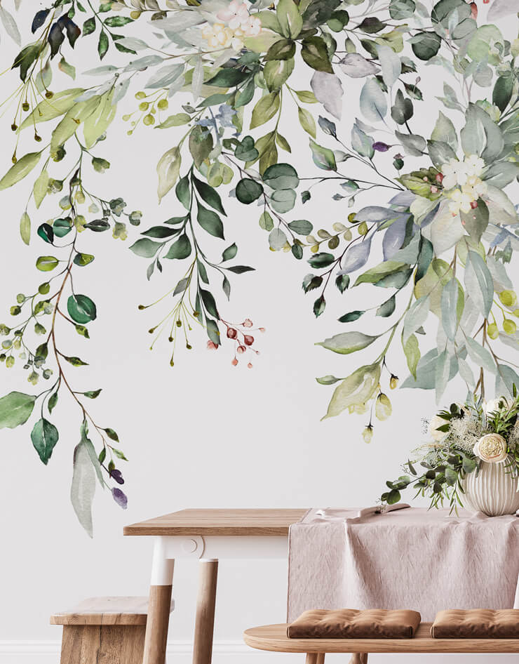 Leaf wallpaper in dining room