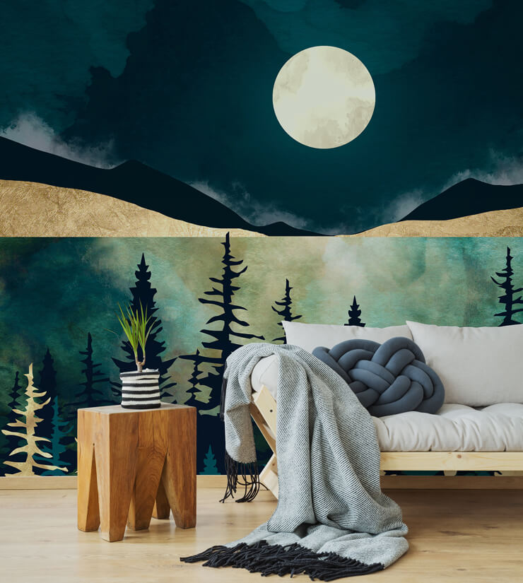 Forest and moon wallpaper mural in living room