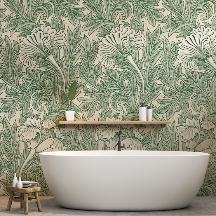 Sage green William Morris wallpaper in bathroom