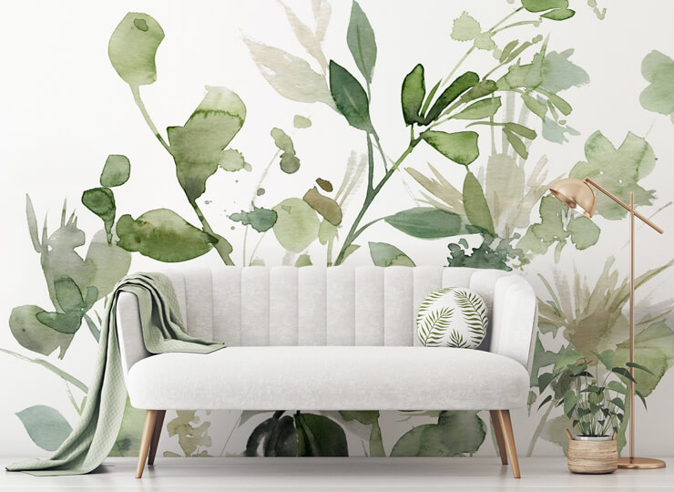 watercolour painting of green florals wallpaper in grey lounge