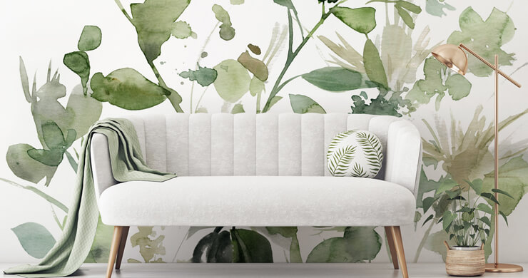 green floral watercolour wallpaper in glmaorous lounge