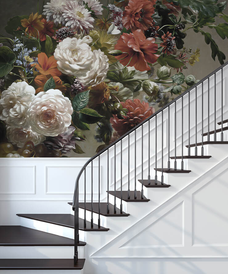 Floral mural up staircase wall