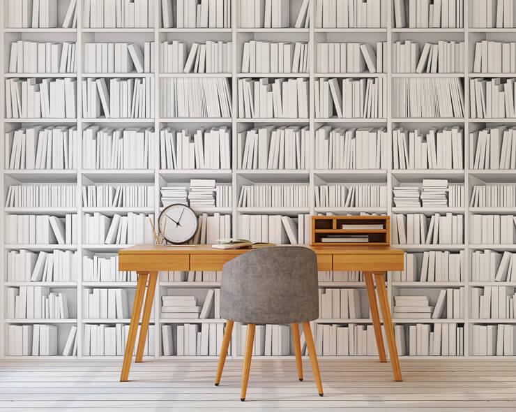 White bookcase mural in home office