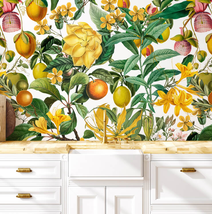 fruit wallpaper in laundry room with Belfast sink