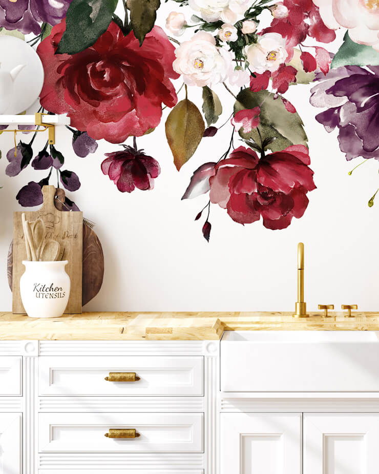 red and purple floral wallpaper in kitchen