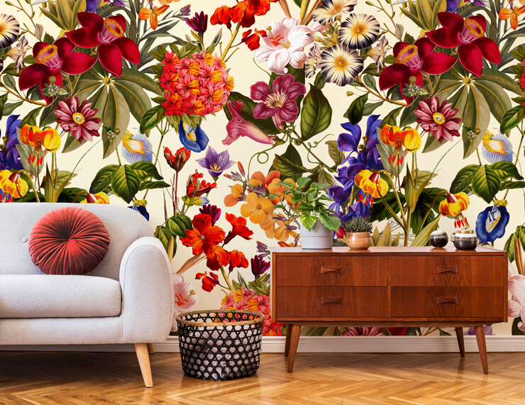 red floral wallpaper in living room