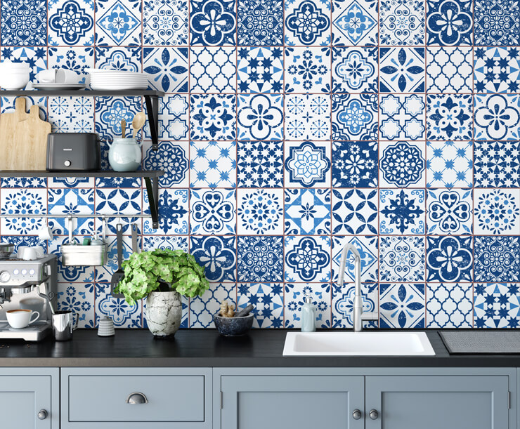 blue and white tiled kitchen