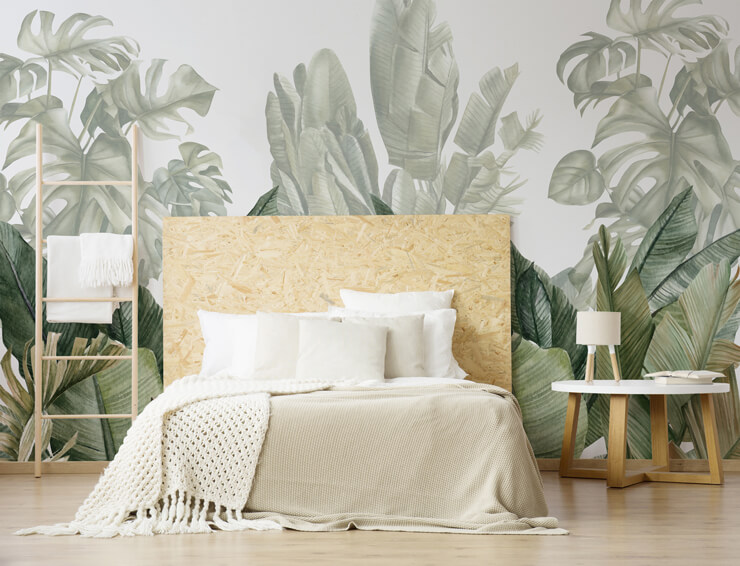 tropical leaves wallpaper in dorm room