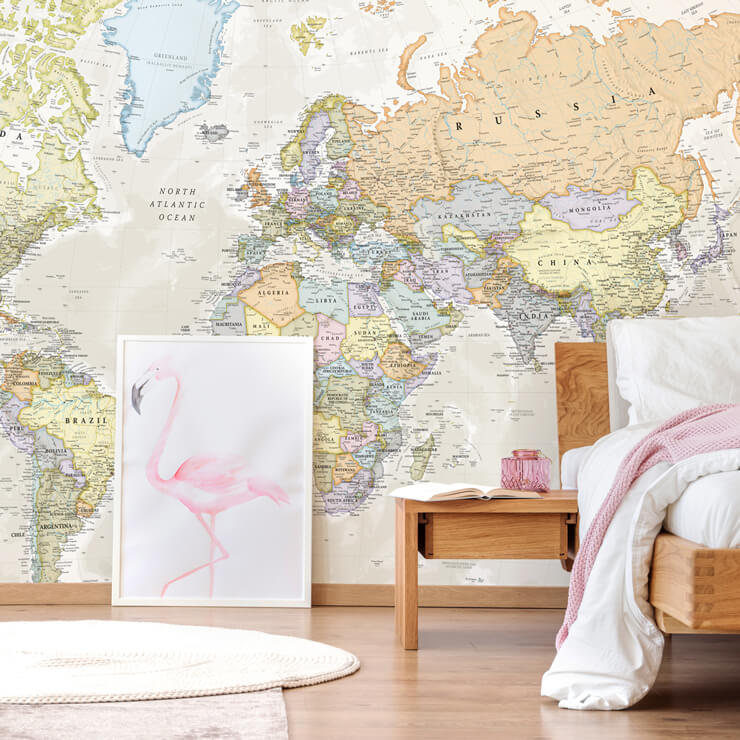 pastel world map mural in bedroom