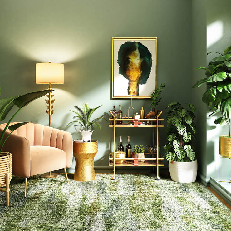 glamorous green living room with gold accents