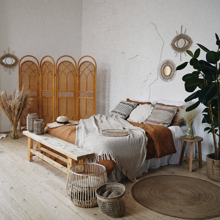 boho bedroom with clashing textures