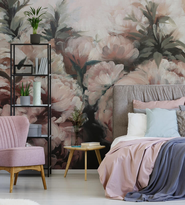 dark floral pink mural in bedroom
